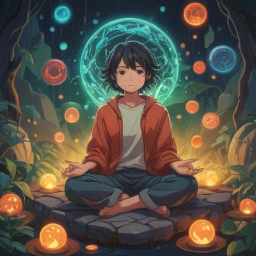 A serene and uplifting illustration, radiating positive energy, a figure meditating with a gentle smile, surrounded by glowing orbs of light, soft pastel colors, harmonious nature backdrop, blooming flowers, a clear blue sky, ethereal aura, conveying warmth and compassion, 4k