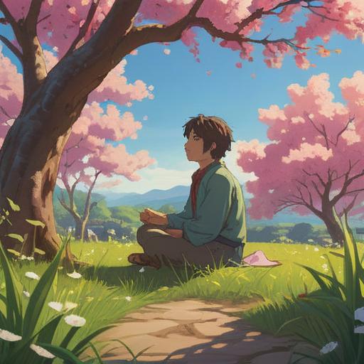 A serene and contemplative scene, a person meditating under a blossoming cherry tree, gentle sunlight filtering through the leaves, symbols of good fortune swirling around, ethereal light surrounding the figure, peaceful expression, connection to nature, harmony with the universe, soft pastel colors, 4k