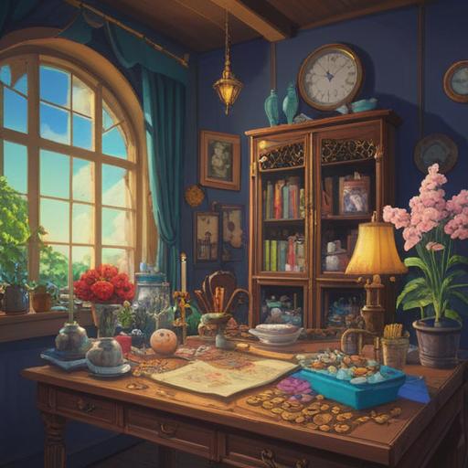 A whimsical still life composition, vibrant colors, lucky charms and amulets arranged thoughtfully, surrounded by blooming flowers and soft light, conveying hope and positivity, a sense of mutual happiness and fortune, intricate details on each item, 4k