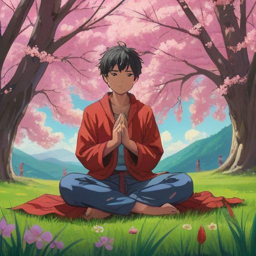 A serene and inspirational scene, a person sitting cross-legged under a blossoming cherry tree, hands clasped in prayer, gentle sunlight filtering through the leaves, a soft breeze rustling the petals, a sense of tranquility and hope, symbols of good fortune and wishes floating around, vibrant colors, peaceful atmosphere, 4k