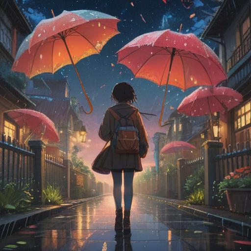 A pair of colorful umbrellas intertwined under a starry night sky, symbolic of connection and protection, serene atmosphere, gentle raindrops falling, glowing moonlight, lush green surroundings, representing spiritual union, harmonious energy, depicted in vibrant colors, 4k