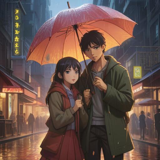 A couple sharing a traditional umbrella, symbolizing spiritual connection, warm glowing light surrounding them, soft raindrops falling, serene atmosphere, lush green background, gentle expressions, harmony and love, inviting energy, 4k