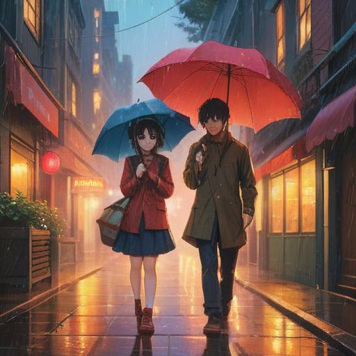 A couple sharing a romantic umbrella, rain softly falling around them, warm light illuminating their faces, a serene aura enveloping the scene, symbolic colors representing harmony and connection, gentle reflections in puddles, spiritual energy visualized as glowing orbs, intimate moment filled with love and unity, 4k