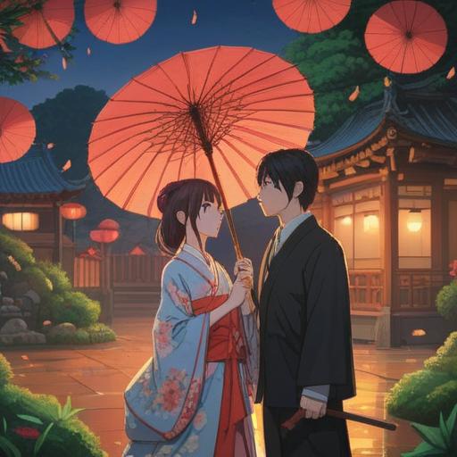A romantic illustration of two people sharing a traditional Japanese umbrella, vibrant colors, intricate patterns on the umbrella, a serene park setting with cherry blossoms, soft sunlight filtering through the leaves, a sense of joy and connection, gentle smiles on their faces, conveying the secret of good fortune, 4k