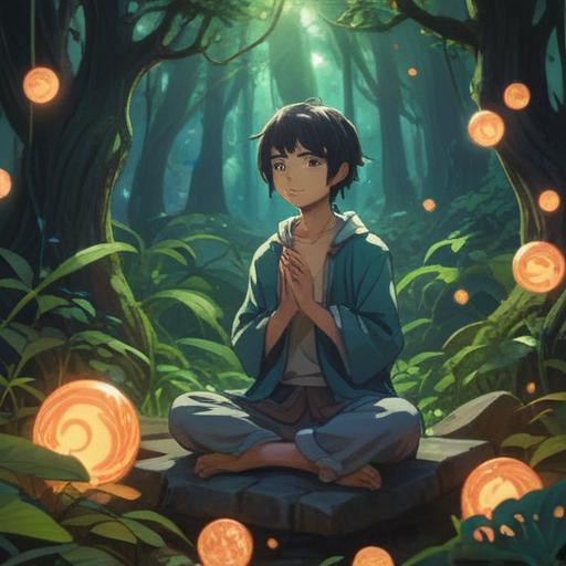 A slender figure meditating in a serene environment, surrounded by glowing orbs of light, ethereal energy currents flowing around, lush greenery in the background, a calm river reflecting the sky, mystical symbols softly illuminated in the air, tranquil atmosphere, harmonious connection with nature, 4k