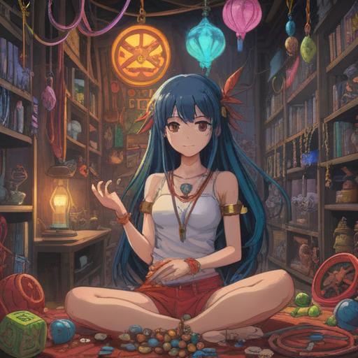 A vibrant illustration depicting a slender figure surrounded by positive energy, colorful lucky items like charm bracelets and talismans, sparkling light effects, uplifting atmosphere, cheerful expression, a lush green background symbolizing growth and optimism, 4k