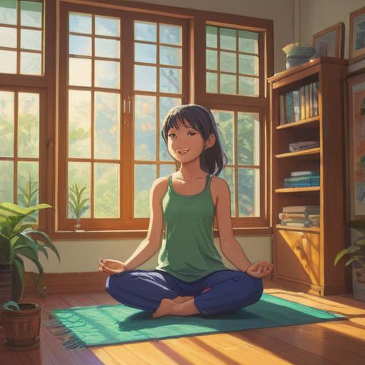A vibrant illustration of a serene morning routine, cheerful sunlight streaming through a window, a person practicing yoga with a joyful smile, surrounded by lush plants and calming decor, fresh fruits and herbal tea on a table, uplifting atmosphere, harmonious colors, 4k