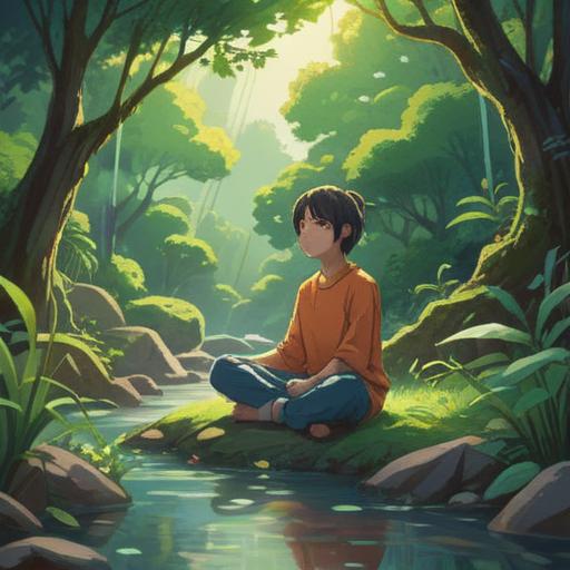 A vibrant illustration of a person meditating in a serene nature setting, surrounded by lush green trees and a gentle stream, sunlight filtering through the leaves, a journal and a cup of tea beside them, symbols of positivity and motivation in the air, engaging in self-reflection and goal-setting, peaceful atmosphere, uplifting and inspiring mood, 4k