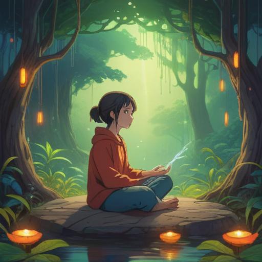 A serene and uplifting illustration of a person meditating in a tranquil nature setting, surrounded by soft glowing light, symbols of health and well-being around them, vibrant green trees and blooming flowers, ethereal energy flow represented visually, positive affirmations in the air, peaceful expression, harmonious atmosphere, 4k