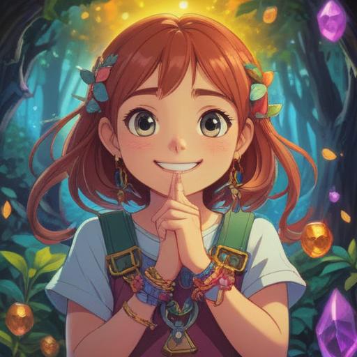 A whimsical illustration of a magical charm bracelet, sparkling gems representing motivation and determination, a serene background depicting calm nature, a person smiling while working out, vibrant colors, positive energy, symbolizing the desire to lose weight, enchanted atmosphere, 4k