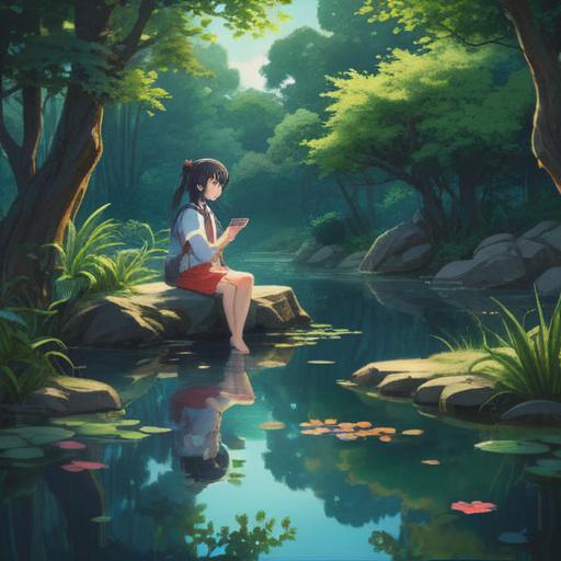 A serene and introspective scene depicting an individual gazing at their reflection in a tranquil pond, surrounded by lush greenery, symbolic representations of personal growth and self-discovery, ethereal light filtering through the trees, an aura of transformation and healing, deep connection with the self, 4k