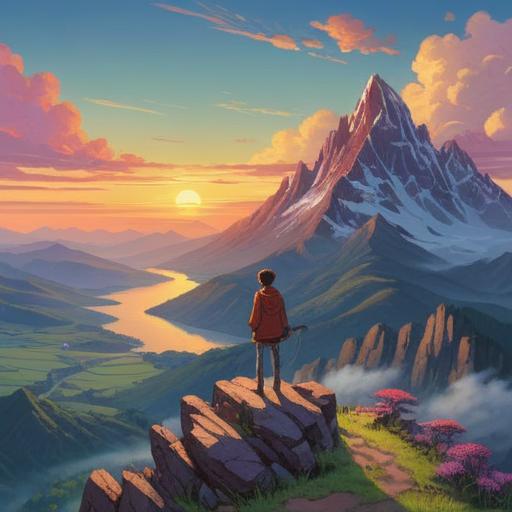 A serene and introspective scene depicting a person standing on a mountain peak, gazing at a sunrise, representing spiritual growth and transformation, symbolic imagery of light and warmth surrounding them, ethereal elements suggesting enlightenment, calm and peaceful ambiance, reflective expression, vibrant colors, 4k