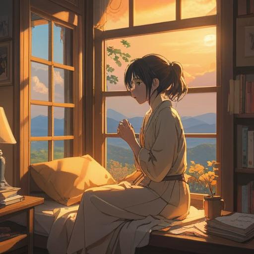 A serene morning scene, soft golden light filtering through the window, a person awakening with a sense of clarity, ethereal atmosphere, symbolic representations of enlightenment, gentle aura surrounding the individual, peaceful nature outside, tranquil energy, 4k