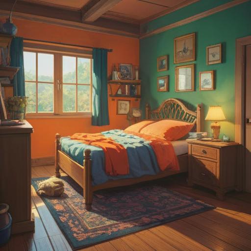 A serene morning scene, a cozy bedroom bathed in soft sunlight, a bedside table with a charming lucky item, a vintage alarm clock, a cup of steaming tea, a window showing a clear sky, gentle rays illuminating the room, a sense of peace and optimism, delicate details, vibrant colors, 4k