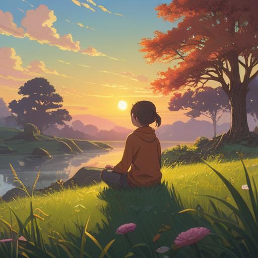 A serene dawn landscape, soft golden light illuminating a quiet meadow, a figure meditating peacefully at sunrise, surrounded by nature's beauty, symbolizing new beginnings and spiritual awakening, gentle breeze rustling through the grass, ethereal glow, harmonious connection with the universe, lush greenery, tranquil atmosphere, 4k