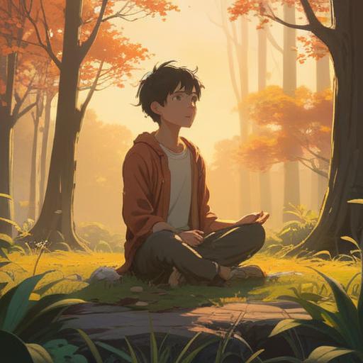 A serene morning landscape, soft golden sunlight filtering through trees, a peaceful scene with a gentle mist rising, a person meditating peacefully beside a tranquil lake, birds flying in the clear blue sky, signs of nature awakening, spiritual symbols subtly integrated into the surroundings, harmonious atmosphere, uplifting energy, 4k