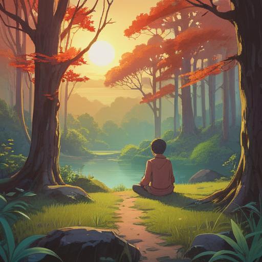 A serene morning landscape, the first light of dawn breaking through the trees, a person meditating peacefully, ethereal glow surrounding them, subtle spiritual symbols in the air, gentle breeze rustling leaves, calm and hopeful atmosphere, signs of awakening and enlightenment, 4k