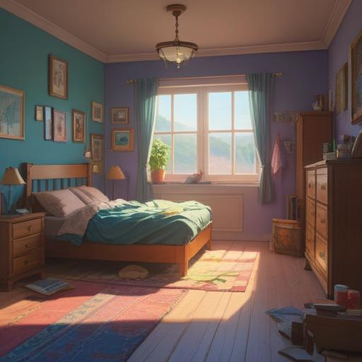 A vibrant, motivational scene of a person waking up early in a cozy bedroom, sunlight streaming through the window, a glowing lucky stone on the bedside table, inspirational quotes on the wall, a sense of hope and positivity in the air, the character smiling and looking energized, warm colors, detailed interior design, morning tranquility, 4k