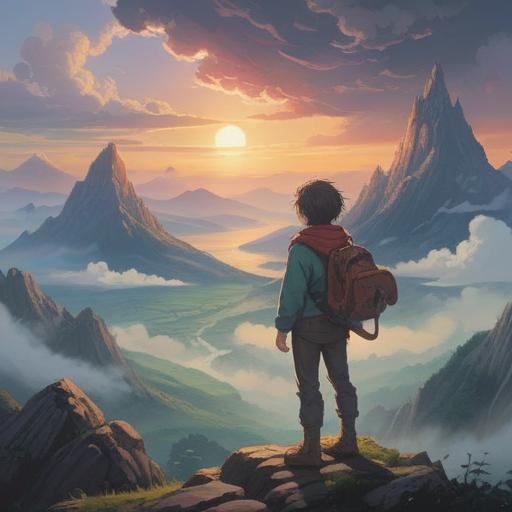 A serene and ethereal scene depicting a young person standing alone on a misty mountain top, soft sunlight breaking through the clouds, surrounded by gentle spirits or orbs of light, a feeling of connection to the universe, symbolizing loss and spiritual growth, reflective mood, 4k