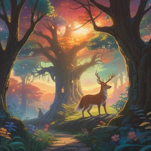A serene, ethereal landscape, soft light filtering through trees, a figure gazing upwards in wonder, gentle spirit animals guiding the way, vibrant colors symbolizing hope and healing, a sense of connection to the spiritual realm, tranquil atmosphere, 4k