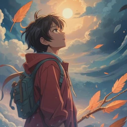 A poignant scene depicting a young person gazing at the sky, ethereal light filtering through clouds, symbols of spiritual signs like feathers and shimmering orbs around them, a sense of loss and reflection, deep emotional connection, serene environment, subtle hints of ancestors watching over, 4k