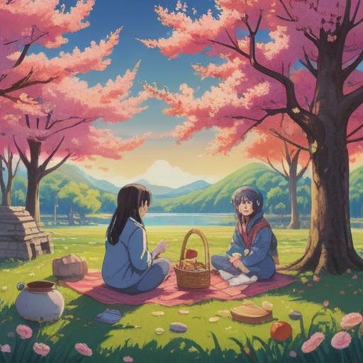 A serene landscape illustrating the concept of tools for enjoying the moment, vibrant colors, peaceful setting with a picnic under a cherry blossom tree, people engaging in mindfulness activities, relaxation and joy depicted through expressions, sunlight filtering through branches, harmonious connection with nature, inviting atmosphere, 4k