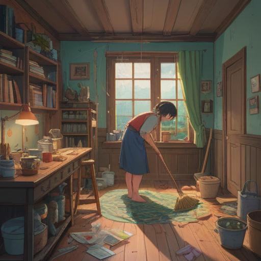 A serene illustration of a person cleaning their home, surrounded by soft light, embodying exhaustion yet surrounded by a calming aura, symbolic representations of energy cleansing, a sense of spiritual renewal, gentle pastel colors, harmonious atmosphere, the contrast between the act of cleaning and the tranquility it brings, 4k