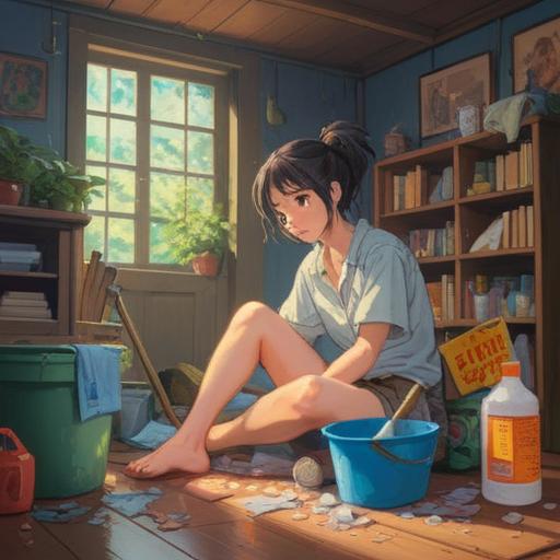 A serene and calming scene depicting a person sitting on the floor, surrounded by cleaning supplies, looking contemplative and relaxed, soft light filtering through a window, a hint of dust particles in the air symbolizing transformation, subtle spiritual symbols in the background, peaceful atmosphere, uplifting aura, 4k
