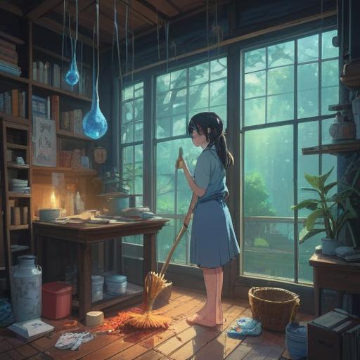 A serene and mystical illustration, a person looking weary while cleaning, ethereal light surrounding them, subtle spiritual symbols appearing in the air, a gentle reminder of self-care, calming colors, tranquil atmosphere, nature elements like plants and soft sunlight, 4k