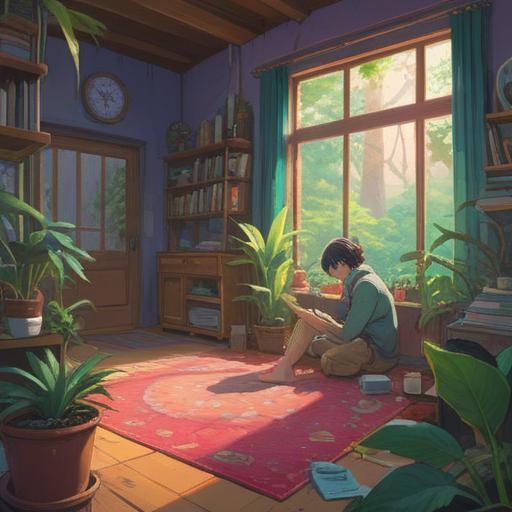 A bright and airy scene depicting a person unwinding after a long day of cleaning, surrounded by vibrant plants and calming pastel colors, soft sunlight filtering through the windows, a cozy reading nook with a steaming cup of tea, inspirational quotes on the walls, serene atmosphere, 4k
