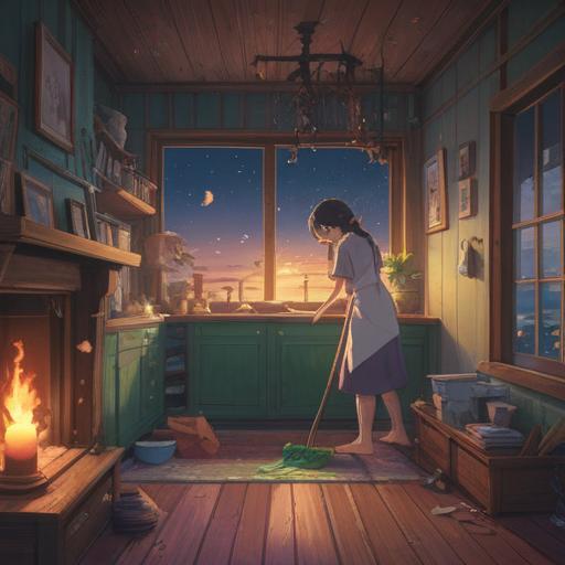 A serene and tranquil scene depicting a person joyfully cleaning their home, surrounded by an ethereal glow, symbolic representation of spiritual cleansing, vibrant colors, elements of nature softly integrated, showcasing harmony and peace, warm light illuminating the surroundings, 4k