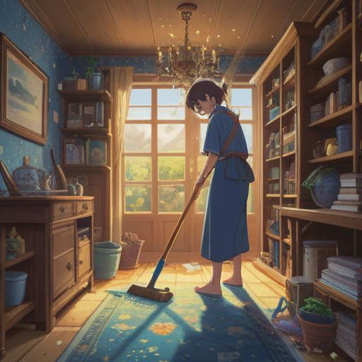 A serene illustration of a person happily cleaning their home, surrounded by ethereal light, gentle sparkles symbolizing positive energy, elements of nature like blooming flowers and butterflies, hinting at spiritual blessings and good fortune, warm color palette, inviting atmosphere, detailed interior decor, 4k