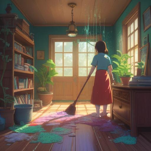 A serene indoor scene depicting a person happily cleaning, subtle spiritual symbols floating around, a gentle light illuminating the space, little dust particles sparkling in the air, a sense of peace and mindfulness, cozy atmosphere, tangible feeling of harmony, attention to detail in the cleaning tools and surroundings.