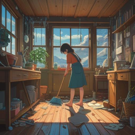 A serene scene of a person cleaning their home, surrounded by sparkling objects representing good luck, bright natural light streaming through the windows, a sense of calm and positivity in the air, organized and tidy space, hints of vibrant lucky items like four-leaf clovers and horseshoes, inviting atmosphere, 4k