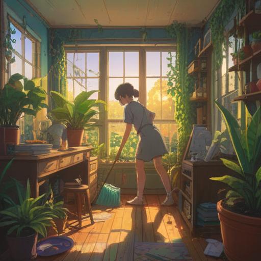 A serene indoor scene of a person happily cleaning their home, sunlight streaming through the windows, vibrant plants in the background, a sense of calm and peace, smiling expression, organized space, bright and airy atmosphere, inner peace and rejuvenation, 4k