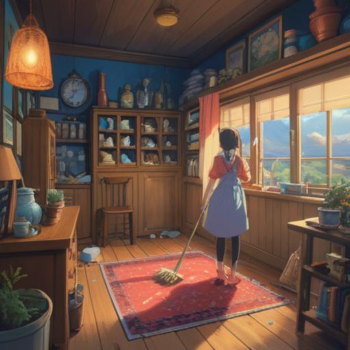 A serene and harmonious scene depicting a person joyfully cleaning their home, surrounded by vibrant energy, ethereal light illuminating the space, symbols of tranquility and mindfulness, a sense of inner peace reflected in their expression, elements of nature through open windows, bright colors, inviting atmosphere, 4k