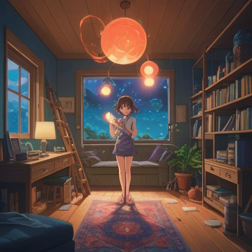 A serene and uplifting illustration, a person joyfully cleaning their home, surrounded by glowing orbs of light symbolizing spiritual energy, warm sunlight streaming through the windows, vibrant green plants in the background, a sense of peace and harmony, reflective surfaces catching the light, cozy atmosphere, 4k