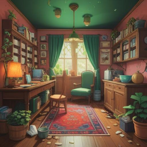 A cheerful and vibrant illustration of a cozy room, sparkling clean surfaces, various lucky cleaning items like a four-leaf clover, a lucky broom, and bright cleaning supplies, warm sunlight streaming through the windows, inviting atmosphere, whimsical decor, happy character enjoying cleaning, 4k