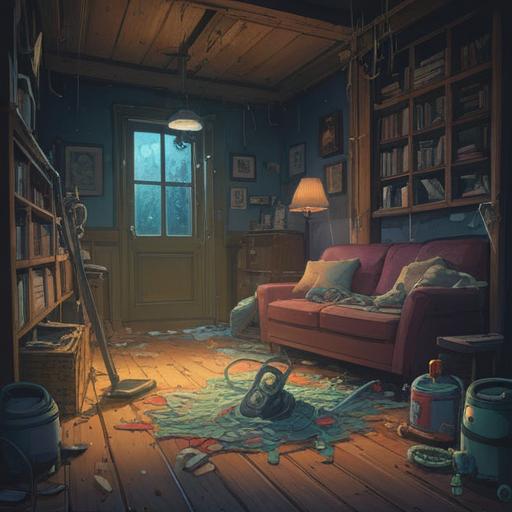 A broken vacuum cleaner symbolizing spiritual disarray, cluttered living space reflecting chaotic energy, ethereal light illuminating the scene, contrasting dark and light elements, mystical aura surrounding the vacuum, objects floating in the air representing unresolved issues, serene yet unsettling atmosphere, vibrant colors, 4k