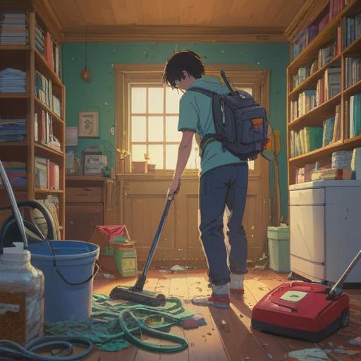 A heartfelt scene depicting a person reflecting on their experiences after a vacuum cleaner breakdown, surrounded by cleaning supplies and scattered dust, a sense of determination and growth in their expression, warm and inviting home interior, soft sunlight filtering through the window, symbolic elements representing resilience and learning, 4k