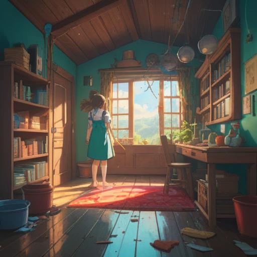 A serene and calming scene depicting a person experiencing a moment of spiritual awakening as they start cleaning, bright rays of light illuminating the space, symbolic representations of cleansing energy surrounding them, a sense of tranquility and mindfulness, subtle imagery of renewal and clarity, harmonious colors, inviting atmosphere, 4k