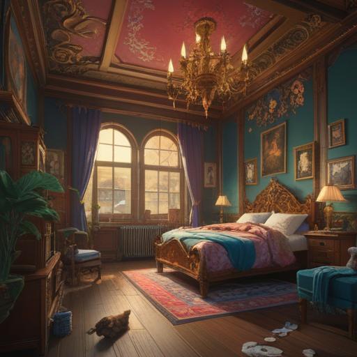 A lucky charm for turning on the cleaning switch, an ornate key with intricate designs, sparkling in the light, a cozy home interior in the background, bright colors, a sense of anticipation and positivity, various cleaning tools neatly arranged, a whimsical atmosphere, 4k