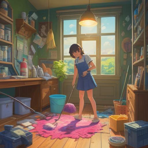 A cheerful and vibrant illustration depicting a person getting mentally prepared for cleaning, surrounded by colorful cleaning supplies, a sunlight-filled room, playful expressions, motivational quotes on the walls, a lively atmosphere, positive energy, organized space, inspiring creativity, 4k
