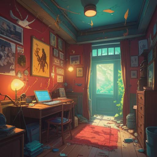 A serene and cluttered room, symbolic representations of spiritual energy in disarray, dust particles dancing in sunlight, neglected corners holding forgotten items, a contrast between chaos and peace, reflection of inner turmoil, colorful auras around untouched objects, thoughtful atmosphere, 4k