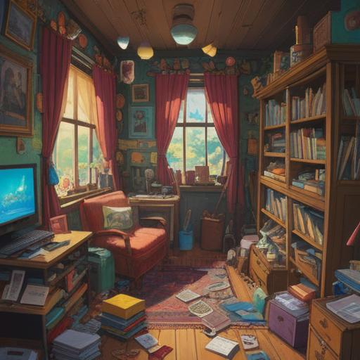 A whimsical illustration of a cluttered room filled with various lucky items, vibrant colors, emphasizing a sense of chaos yet charm, an overflowing bookshelf, a lucky cat statue, scattered coins, plants thriving in disarray, sunlight streaming through a grimy window, a unique blend of magic and messiness, 4k