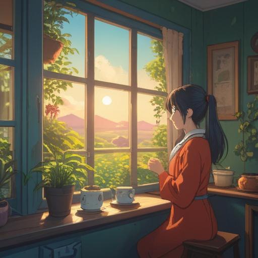 A vibrant illustration of a serene morning routine, bright sunlight streaming through a window, a person practicing mindfulness while enjoying a cup of herbal tea, plants and crystals arranged neatly on a wooden table, symbols of good luck like a four-leaf clover in the background, inviting atmosphere, sense of tranquility, 4k