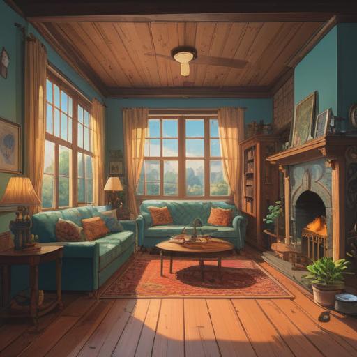 A serene and peaceful scene depicting a cozy living room after a thorough cleaning, soft sunlight filtering through the windows, a calm atmosphere, items neatly arranged, a person gently nodding off on a comfortable couch, surrounded by symbols of spirituality like dream catchers and plants, subtle hints of a spiritual aura, 4k