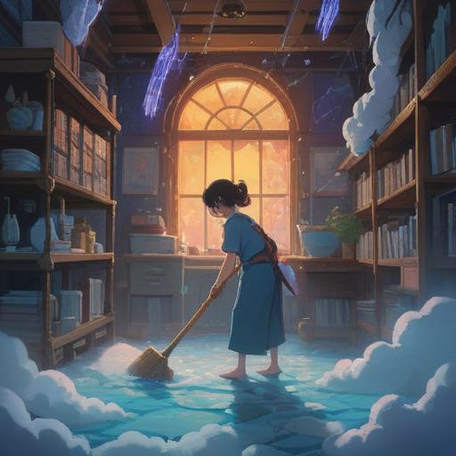 A surreal illustration depicting a person cleaning, surrounded by ethereal lights and whispers, symbolic representations of sleepiness, clouds of dreams hovering nearby, a shimmering aura indicating spiritual signs, a blend of domestic and mystical elements, soft colors, dreamlike atmosphere, intricate details in the background, 4k