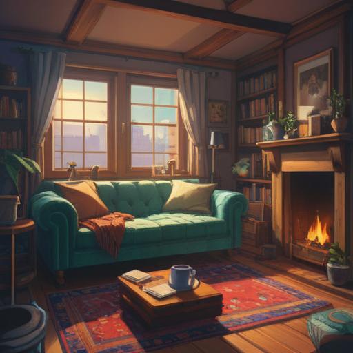 A cozy interior scene after a thorough cleaning, a comfortable couch with a soft blanket, sunlight streaming through clean windows, a steaming cup of herbal tea on a side table, a stack of colorful cleaning supplies, a lucky charm displayed nearby, peaceful and inviting atmosphere, 4k