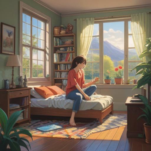 A serene scene of a person enjoying a moment of relaxation after cleaning, bright and airy room, sunlight streaming through windows, fresh flowers on a table, gentle breeze through curtains, sense of tranquility and renewal, peaceful atmosphere, soft color palette, 4k